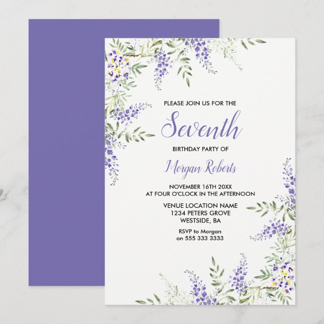 Pretty Purple Lavender Floral 7th Birthday Invite (Front/Back)