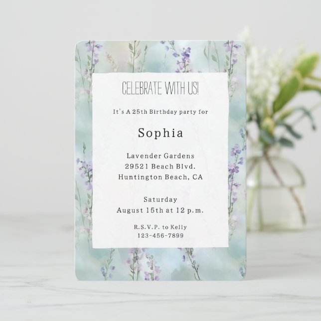 Pretty Purple Lavender Flowers Birthday Invitation (Standing Front)