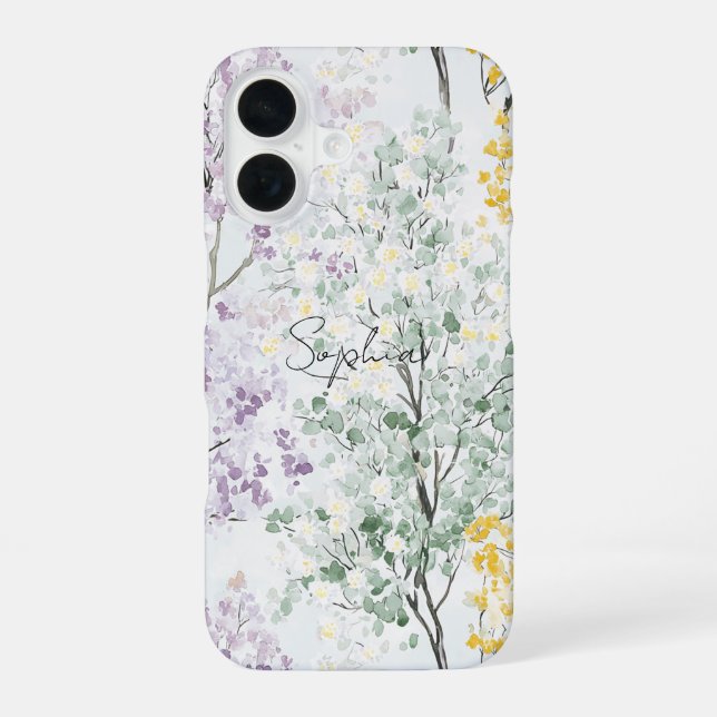Pretty Purple Lavender Green Yellow Flowers iPhone 16 Case (Back)
