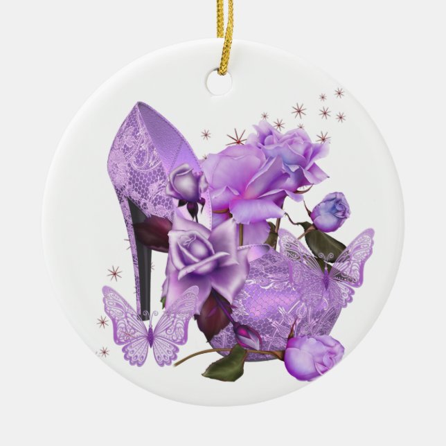 Pretty Purple Lavender Hi Heel Rose Floral Ceramic Tree Decoration (Front)