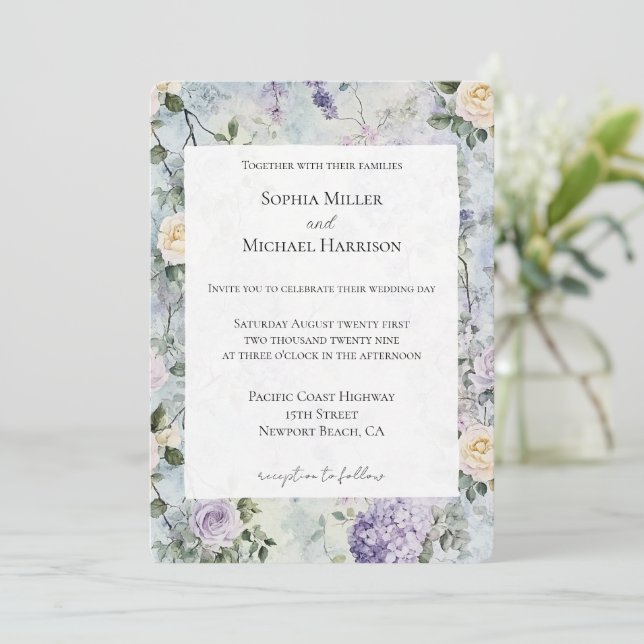 Pretty Purple Lavender White Flowers Wedding Invitation (Standing Front)
