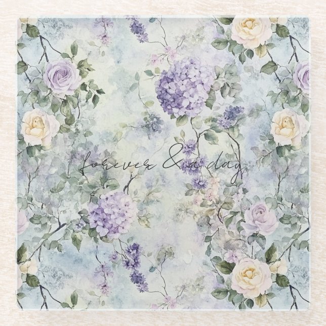 Pretty Purple Lavender White Roses Floral Wedding Glass Coaster (Front)