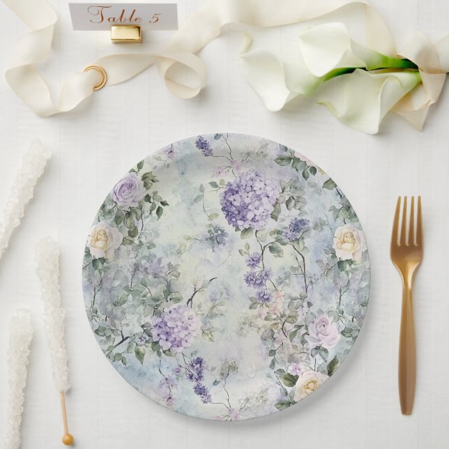 Pretty Purple Lavender White Roses Floral Wedding Paper Plate (Wedding)