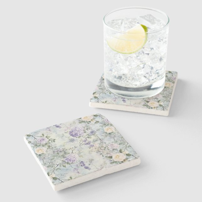 Pretty Purple Lavender White Roses Floral Wedding Stone Coaster (Side)