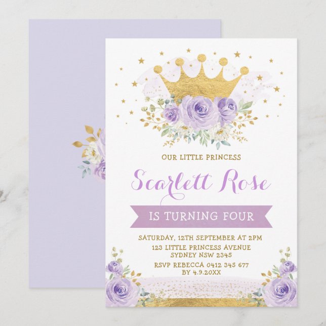 Pretty Purple Lilac Princess Gold Crown Birthday Invitation (Front/Back)