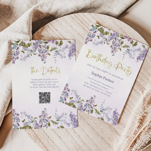 Pretty Purple Lilac QR Code Birthday Party Invitation