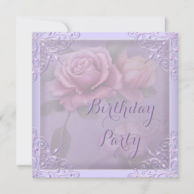 Pretty Purple Lilac Rose Birthday Party Invitation (Front)