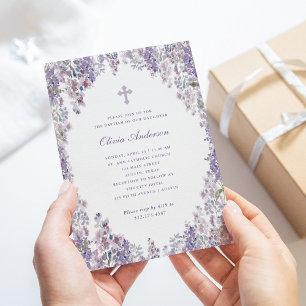 Pretty Purple Lilac   Watercolor Frame Baptism Invitation