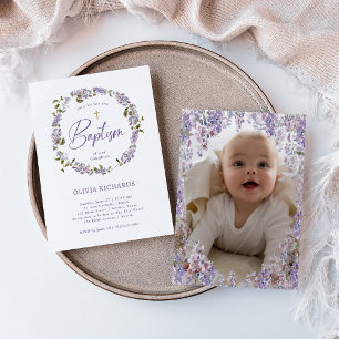 Pretty Purple Lilac Wreath and Photo   Baptism Invitation