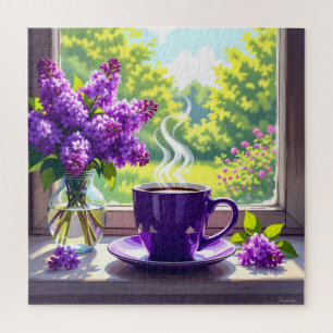Pretty Purple Lilacs and Coffee  Jigsaw Puzzle