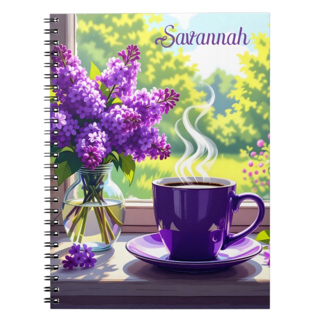 Pretty Purple Lilacs and Coffee Personalised Notebook (Front)