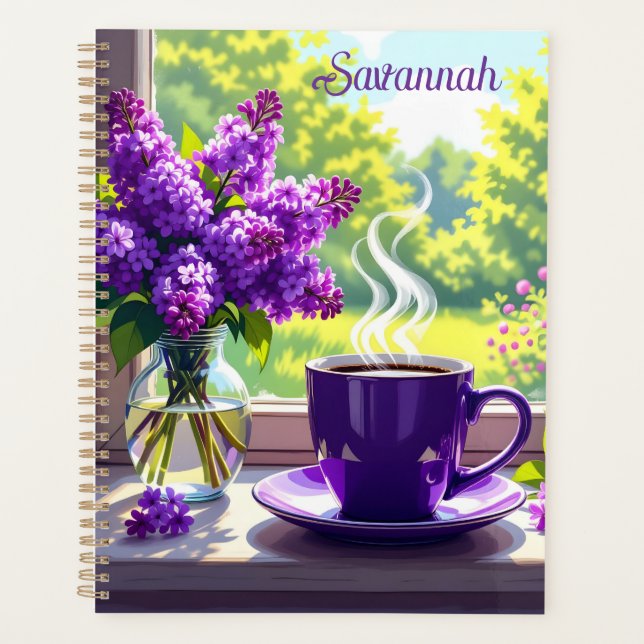 Pretty Purple Lilacs and Coffee Personalised Planner (Front)
