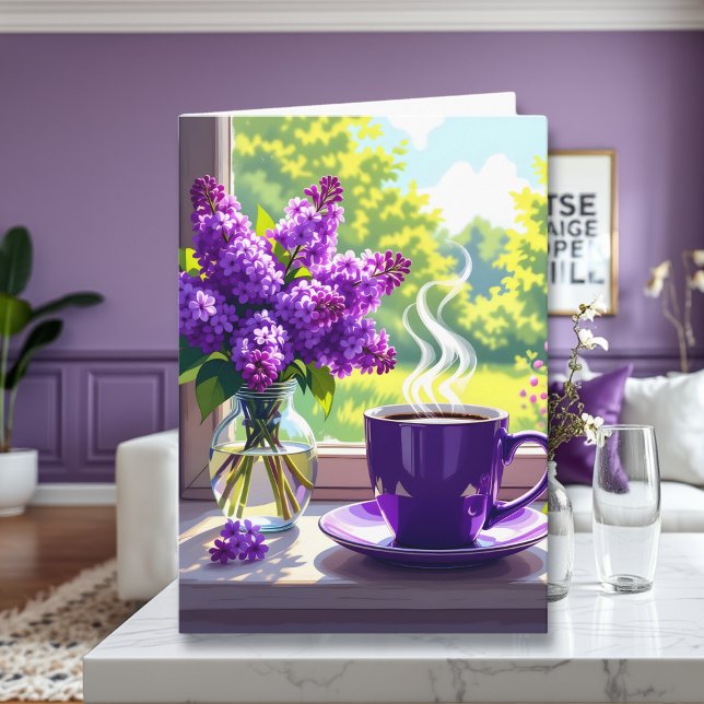 Pretty Purple Lilacs and Coffee Thinking About You Card (Creator Uploaded)