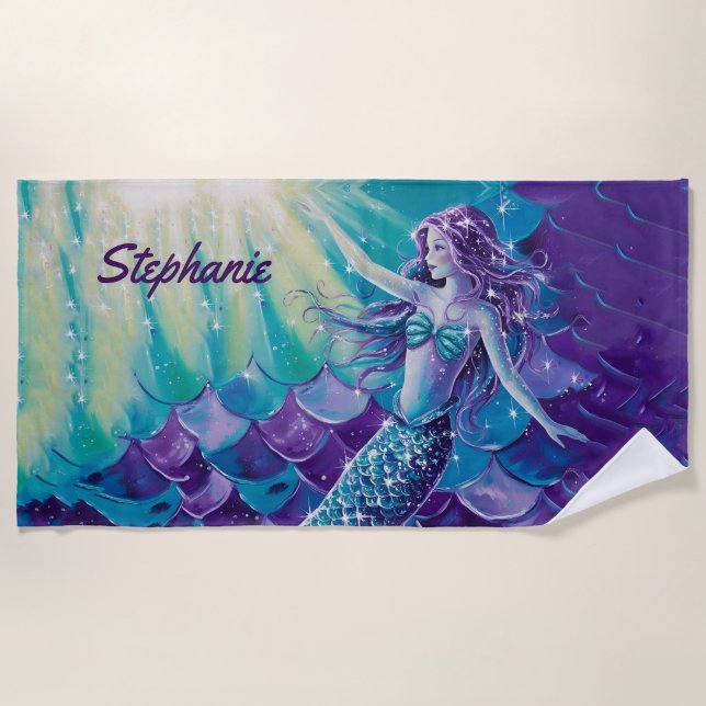 Pretty Purple Mermaid Custom Beach Towel (Front)
