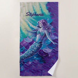 Pretty Purple Mermaid Personalised Beach Towel