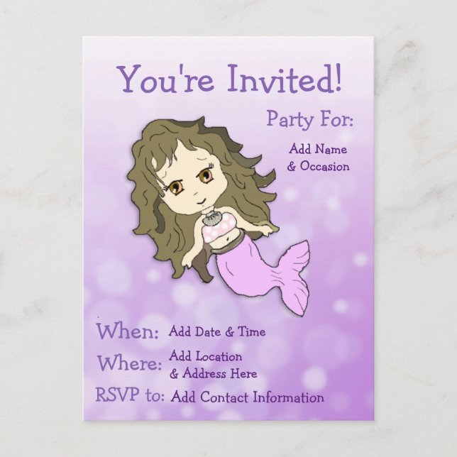 Pretty Purple Mermaid Postcard Birthday Invitation (Front)