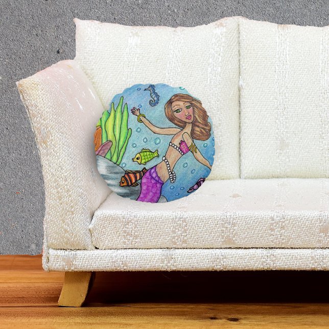Pretty Purple Mermaid Swimming Fish Seaweed Rocks Round Cushion (Mermaid pink tail with fish seahorse by seaweed rocks on round decorative pillow.)