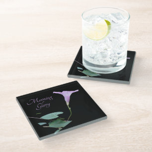 Pretty purple morning glory on black  glass coaster