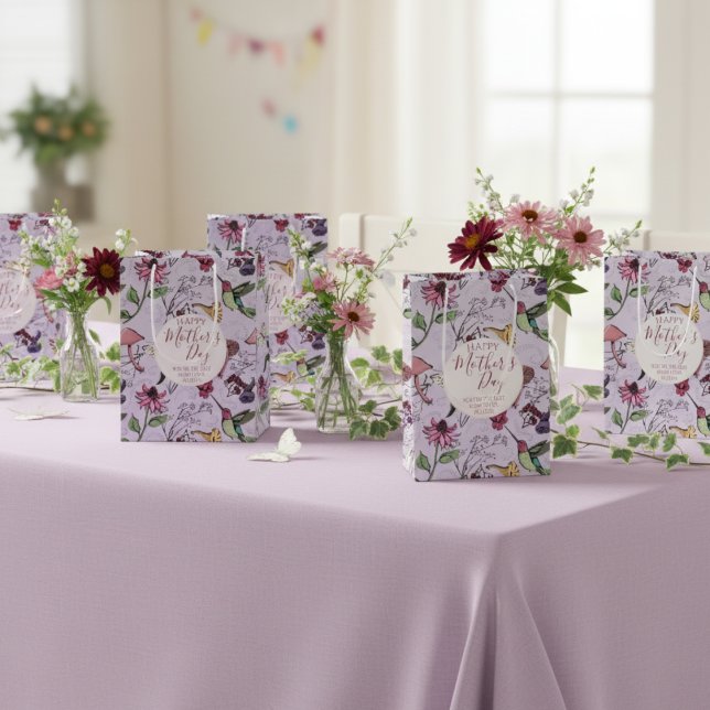 Pretty Purple Mothers Day Hummingbird Garden Medium Gift Bag (Elegant Floral Hummingbird  Light Purple Gift Bag for Mother's Day. Feminine Pattern with Flowers.)