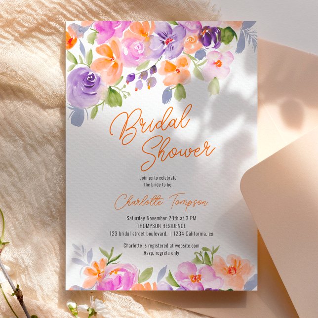 Pretty purple orange floral script bridal shower invitation (Pretty purple orange floral script bridal shower invitation)