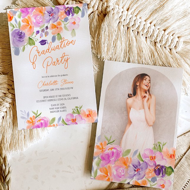 Pretty purple orange floral script graduation invitation (Pretty purple orange floral script graduation invitation)