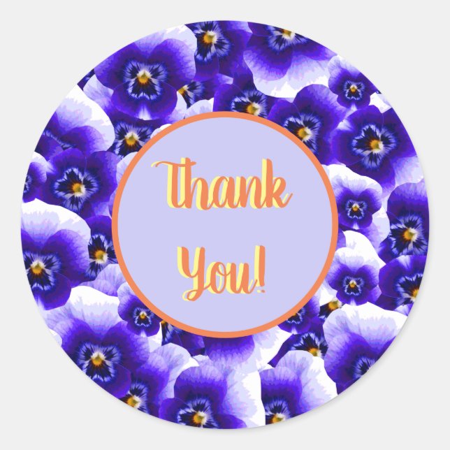 Pretty Purple Pansies Pattern Thank You Classic Round Sticker (Front)