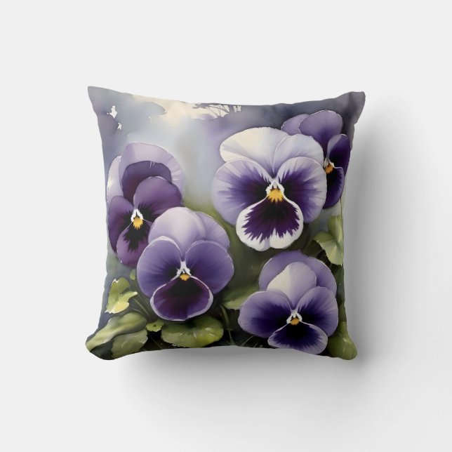 Pretty purple pansies watercolor painting cushion (Front)