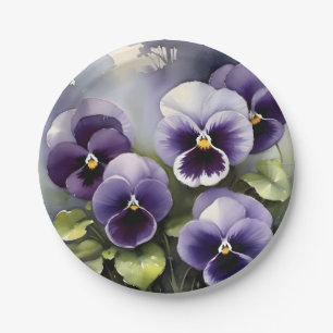 Pretty purple pansies watercolor painting paper plate