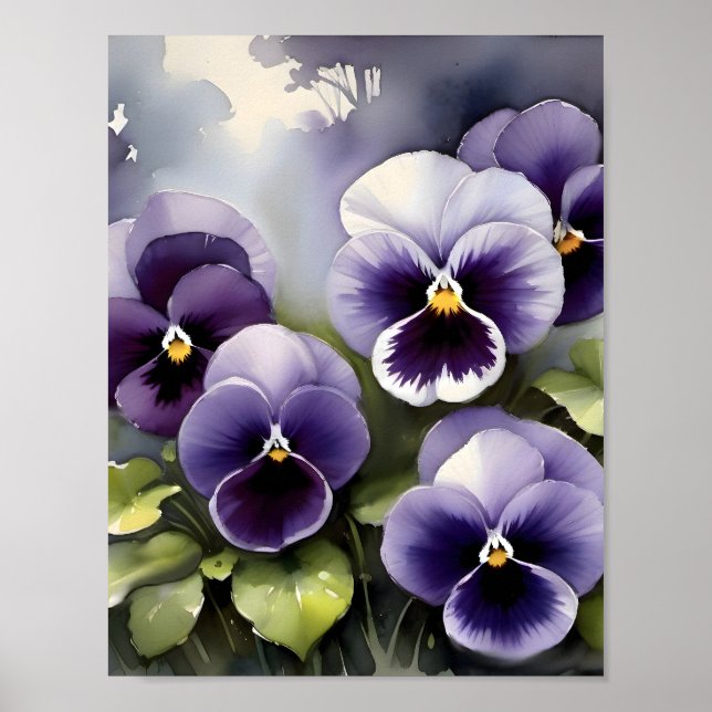 Pretty purple pansies watercolor painting  poster (Front)