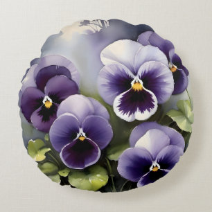 Pretty purple pansies watercolor painting round cushion
