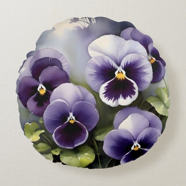 Pretty purple pansies watercolor painting round cushion (Front)