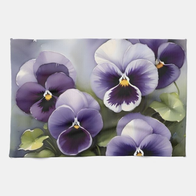 Pretty purple pansies watercolor painting  tea towel (Horizontal)