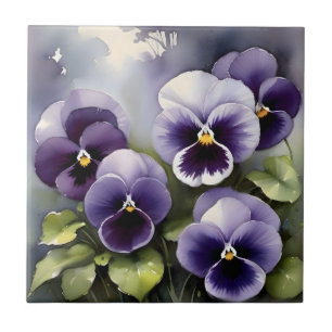 Pretty purple pansies watercolor painting  tile