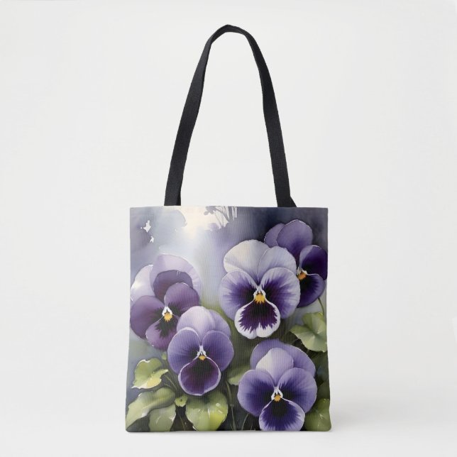 Pretty purple pansies watercolor painting tote bag (Front)