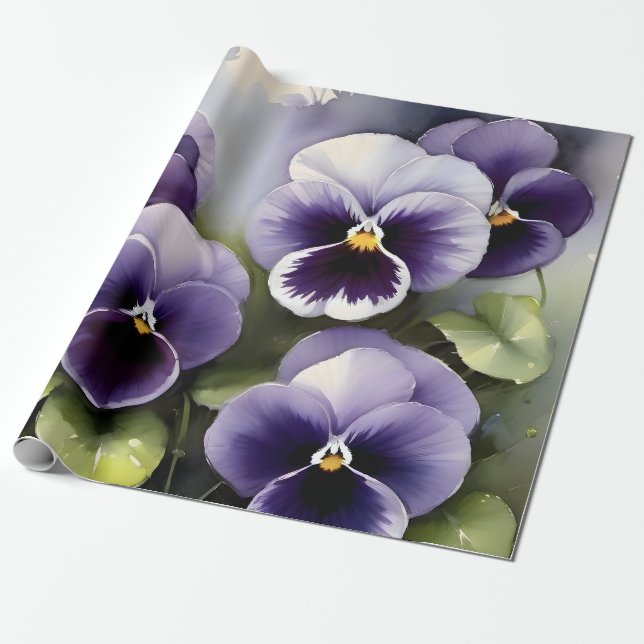 Pretty purple pansies watercolor painting wrapping paper (Unrolled)