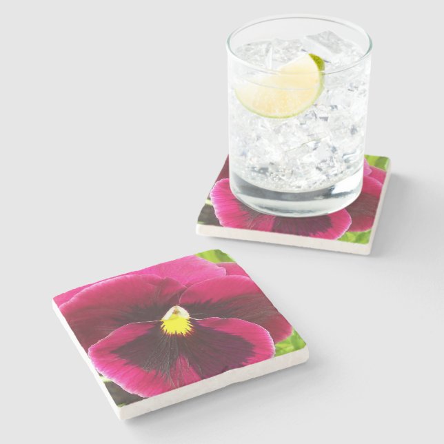 Pretty Purple Pansy Floral Stone Coaster (Side)