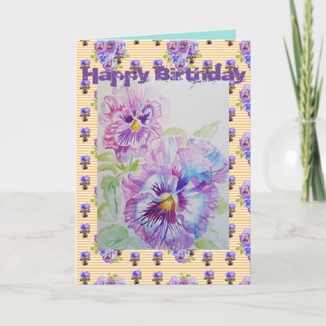 Pretty Purple Pansy Viola Watercolour art Card (Front)