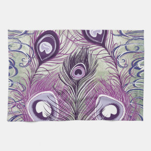 Pretty Purple Peacock Feathers Elegant Design Tea Towel