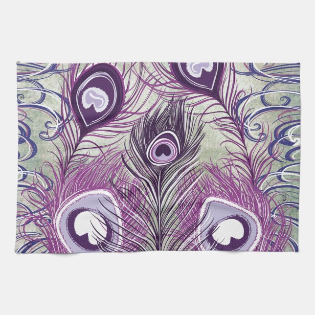 Pretty Purple Peacock Feathers Elegant Design Tea Towel (Horizontal)