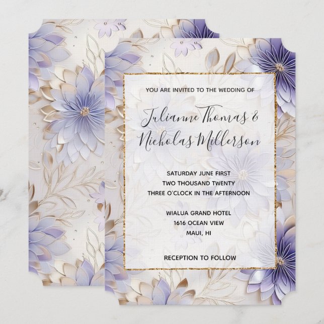 Pretty Purple Pearl Gold Floral Wedding  Invitation (Front/Back)
