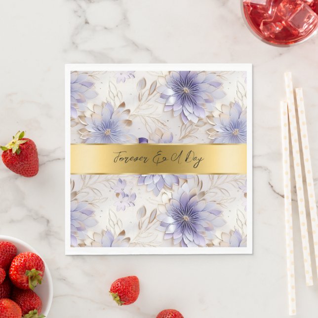 Pretty Purple Pearl Gold Floral Wedding Napkin (Insitu)