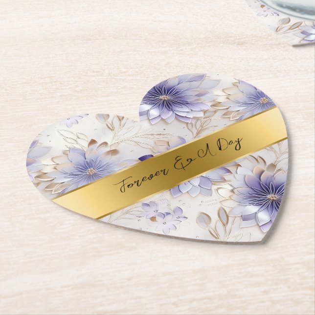 Pretty Purple Pearl Gold Floral Wedding Paper Coaster (Angled)