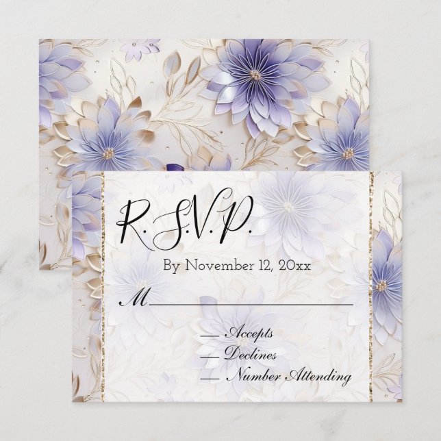 Pretty Purple Pearl Gold Floral Wedding RSVP Enclosure Card (Front/Back)