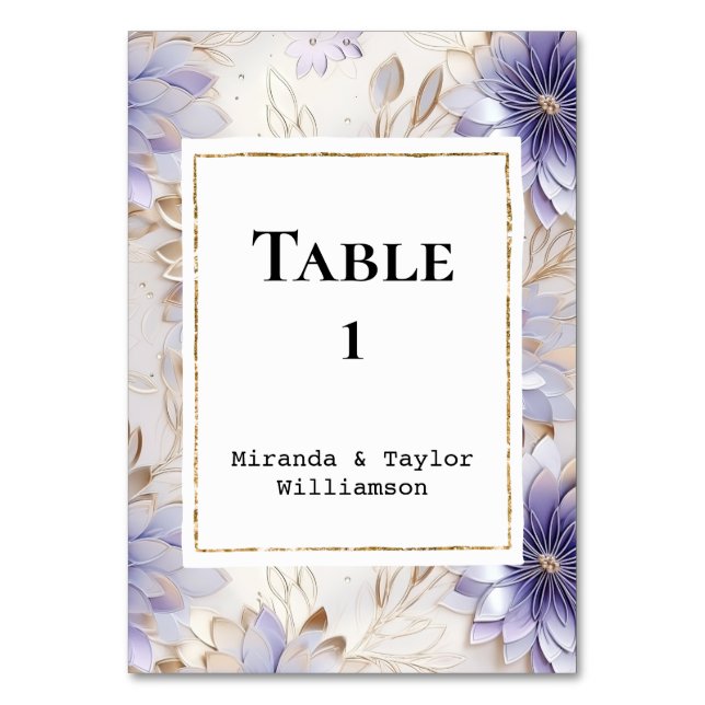 Pretty Purple Pearl Gold Floral Wedding  Table Number (Front)