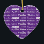 Pretty Purple Personalized Name Collage Christmas Ceramic Tree Decoration<br><div class="desc">A pretty purple personalized heart shaped Christmas ornament gift decorated in nine different fonts spelling your name in white. Cute customizable present with beautiful cursive typography.</div>