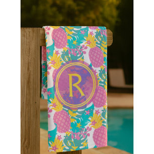 Pretty Purple Pineapples and Blue Tropical Leaves Beach Towel
