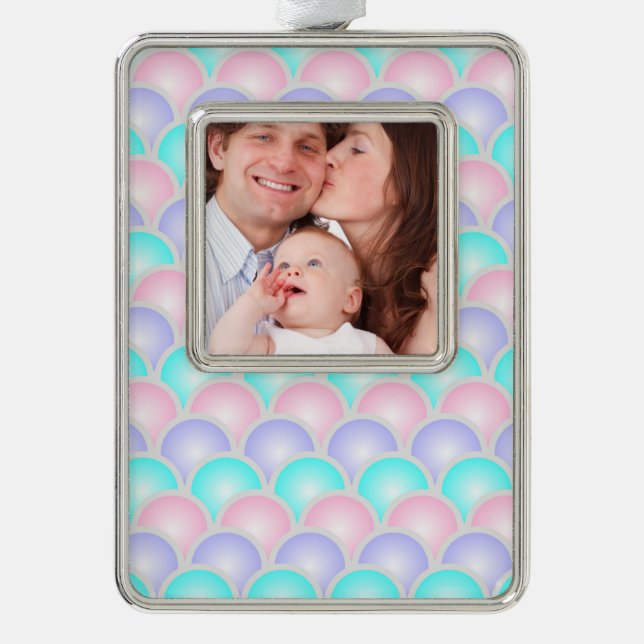 pretty purple pink aqua blue pastel mermaid scales silver plated framed ornament (Front)