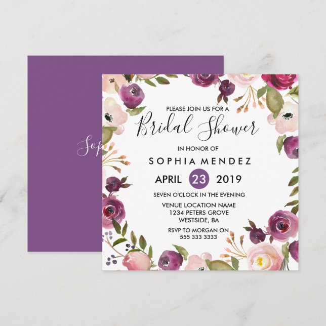 Pretty Purple Pink Botanical Bridal Shower Invite (Front/Back)