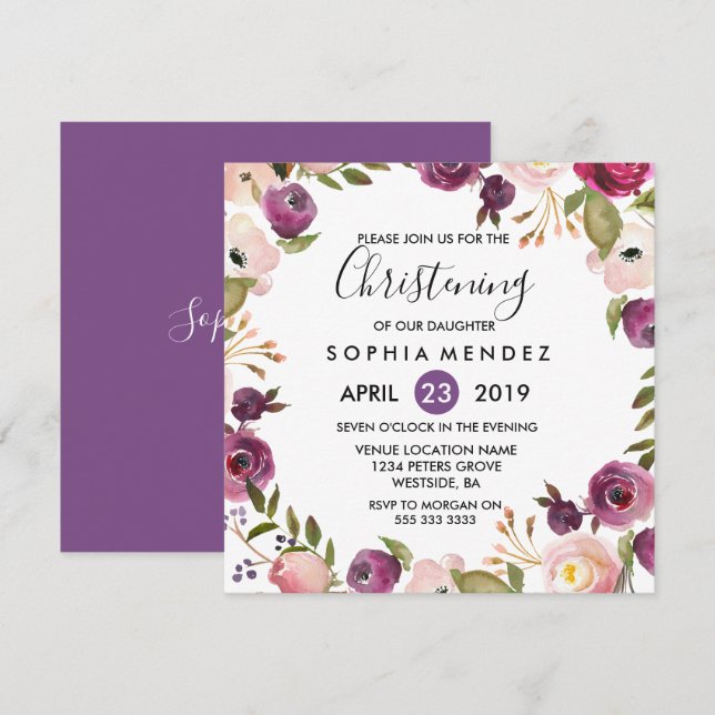 Pretty Purple Pink Botanical Christening Baptism Invitation (Front/Back)