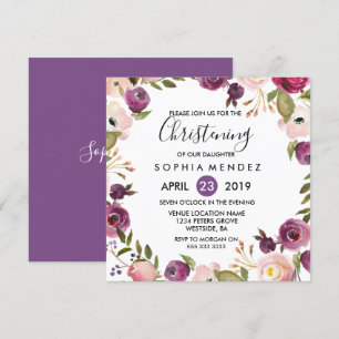Pretty Purple Pink Botanical Christening Baptism Invitation